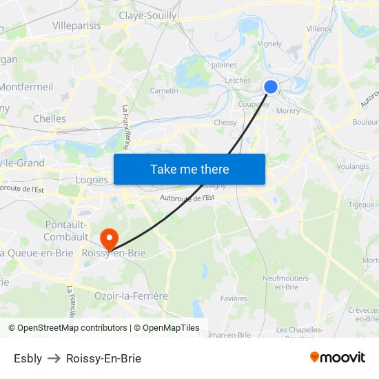 Esbly to Roissy-En-Brie map