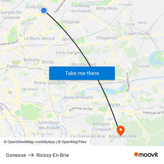 Gonesse to Roissy-En-Brie map