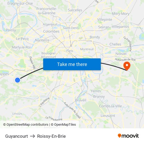 Guyancourt to Roissy-En-Brie map