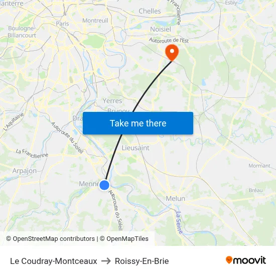 Le Coudray-Montceaux to Roissy-En-Brie map
