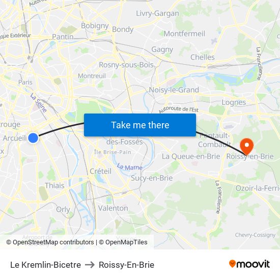 Le Kremlin-Bicetre to Roissy-En-Brie map