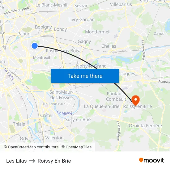 Les Lilas to Roissy-En-Brie map