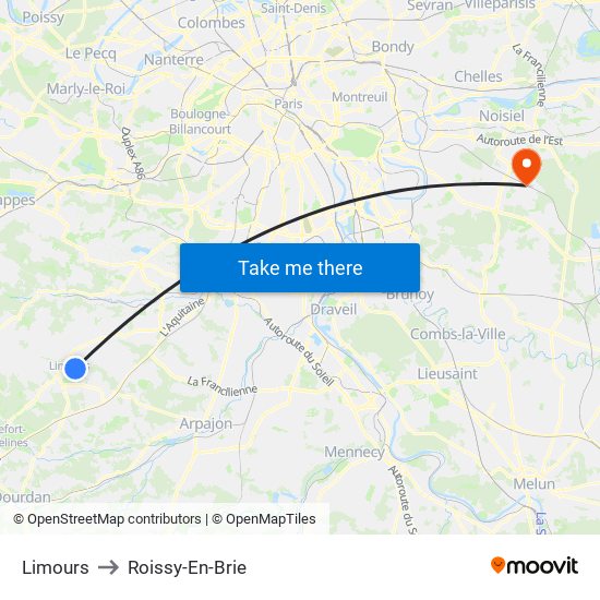 Limours to Roissy-En-Brie map