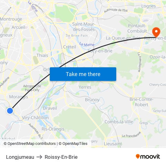 Longjumeau to Roissy-En-Brie map