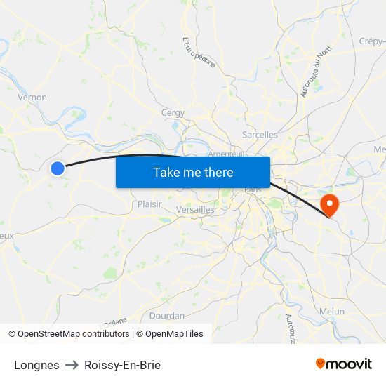 Longnes to Roissy-En-Brie map