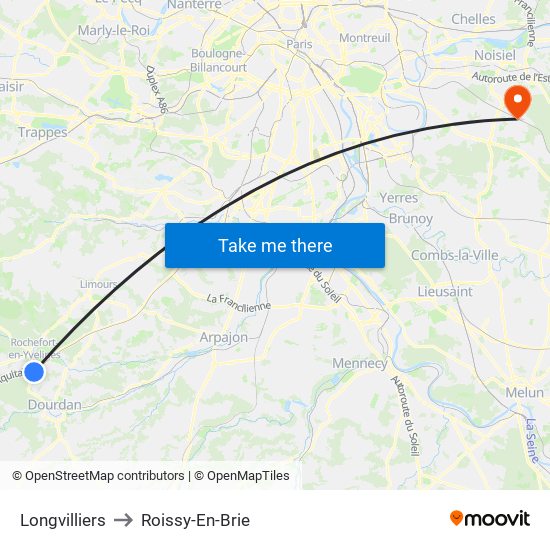 Longvilliers to Roissy-En-Brie map