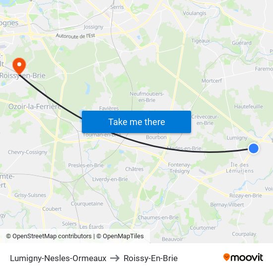 Lumigny-Nesles-Ormeaux to Roissy-En-Brie map