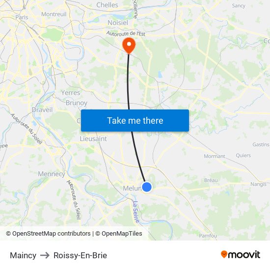 Maincy to Roissy-En-Brie map