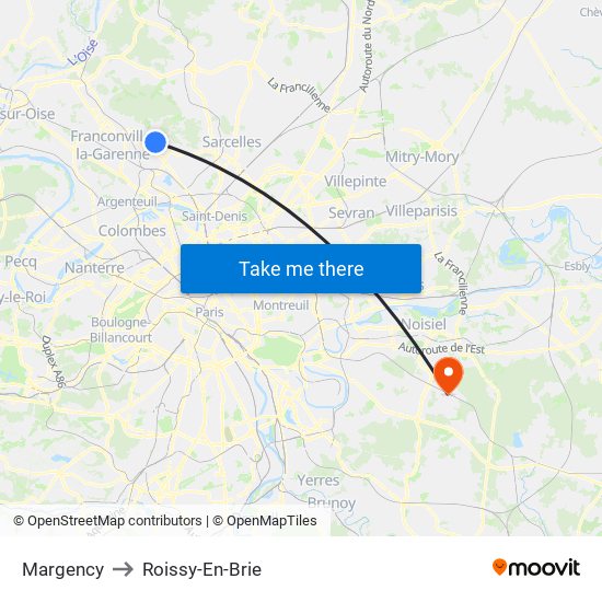 Margency to Roissy-En-Brie map