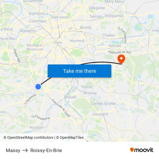 Massy to Roissy-En-Brie map