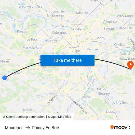 Maurepas to Roissy-En-Brie map