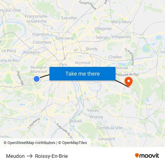 Meudon to Roissy-En-Brie map