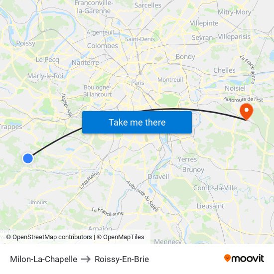 Milon-La-Chapelle to Roissy-En-Brie map
