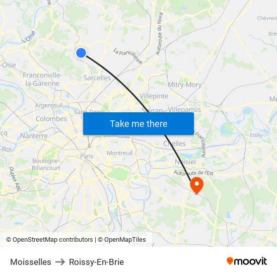 Moisselles to Roissy-En-Brie map