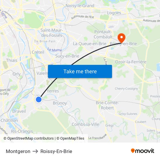 Montgeron to Roissy-En-Brie map