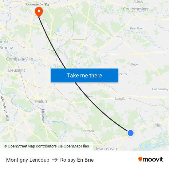 Montigny-Lencoup to Roissy-En-Brie map