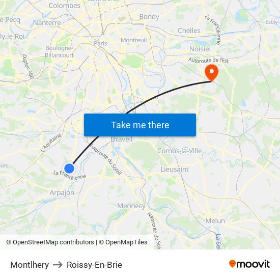 Montlhery to Roissy-En-Brie map