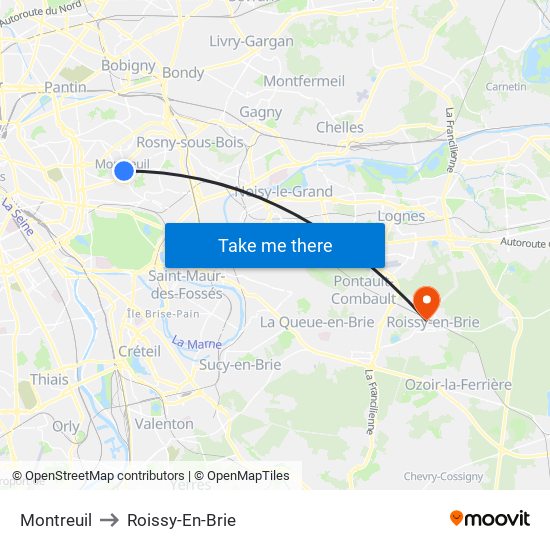 Montreuil to Roissy-En-Brie map