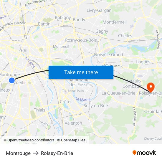 Montrouge to Roissy-En-Brie map