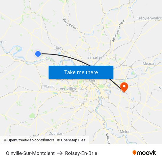 Oinville-Sur-Montcient to Roissy-En-Brie map