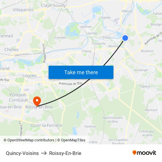 Quincy-Voisins to Roissy-En-Brie map