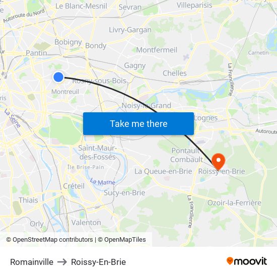 Romainville to Roissy-En-Brie map