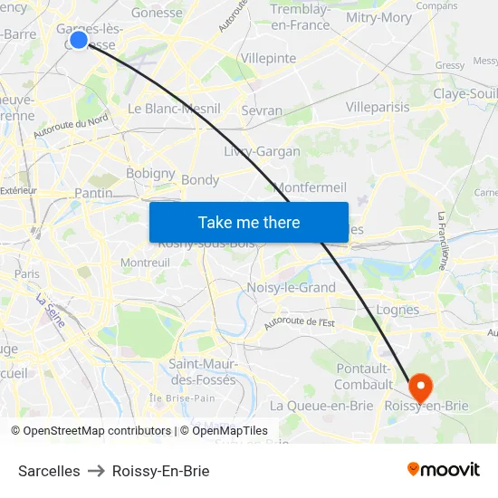 Sarcelles to Roissy-En-Brie map