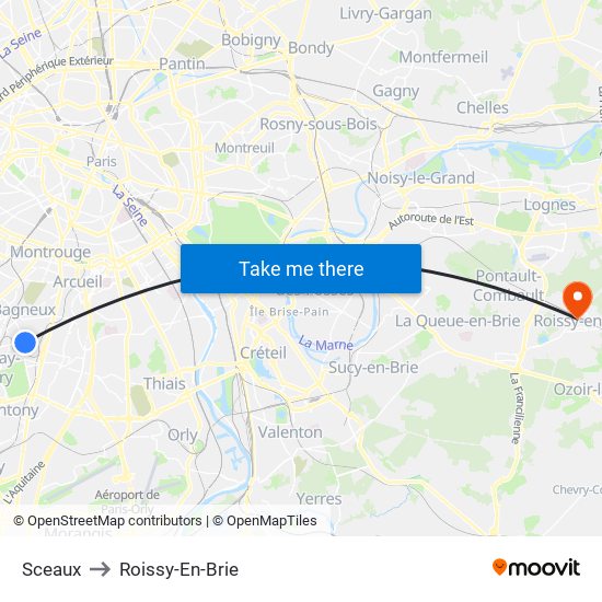 Sceaux to Roissy-En-Brie map