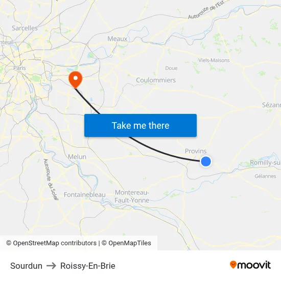 Sourdun to Roissy-En-Brie map