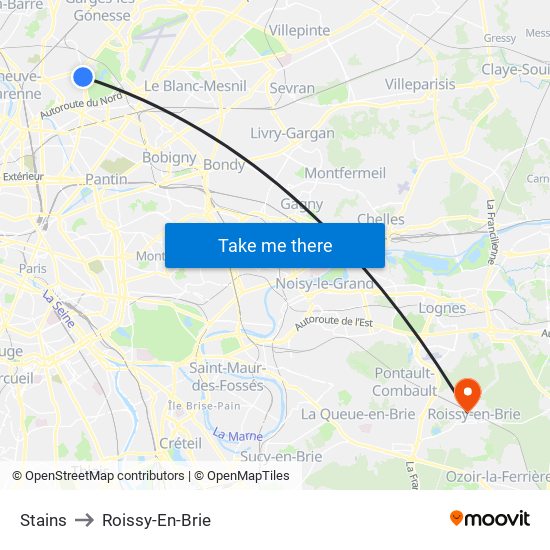 Stains to Roissy-En-Brie map