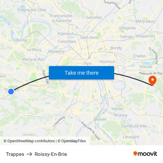 Trappes to Roissy-En-Brie map