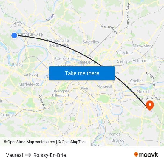 Vaureal to Roissy-En-Brie map