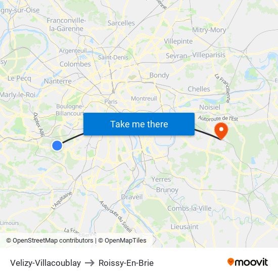 Velizy-Villacoublay to Roissy-En-Brie map