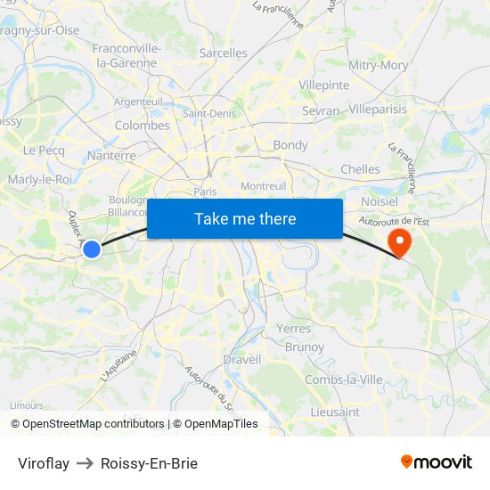 Viroflay to Roissy-En-Brie map