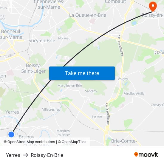 Yerres to Roissy-En-Brie map