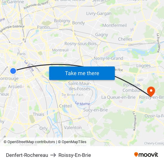Denfert-Rochereau to Roissy-En-Brie map