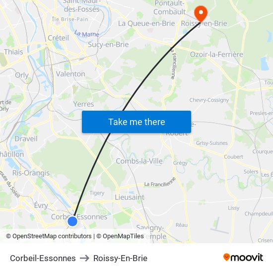 Corbeil-Essonnes to Roissy-En-Brie map