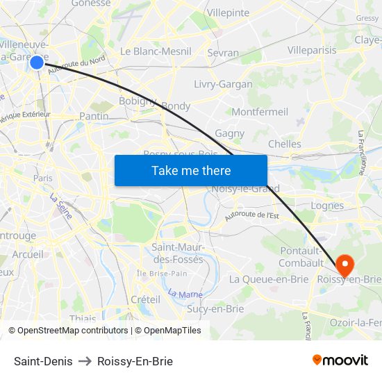 Saint-Denis to Roissy-En-Brie map