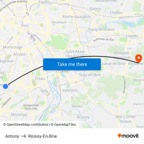 Antony to Roissy-En-Brie map