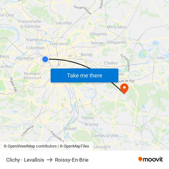 Clichy - Levallois to Roissy-En-Brie map