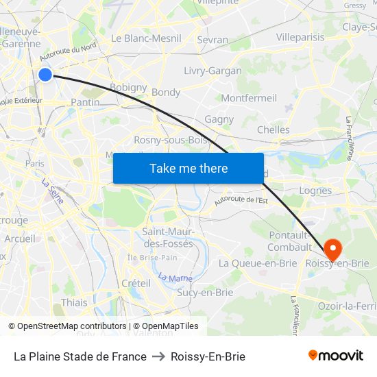 La Plaine Stade de France to Roissy-En-Brie map