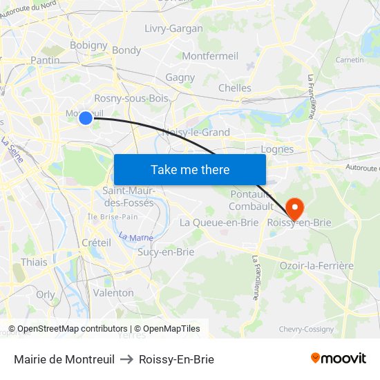 Mairie de Montreuil to Roissy-En-Brie map