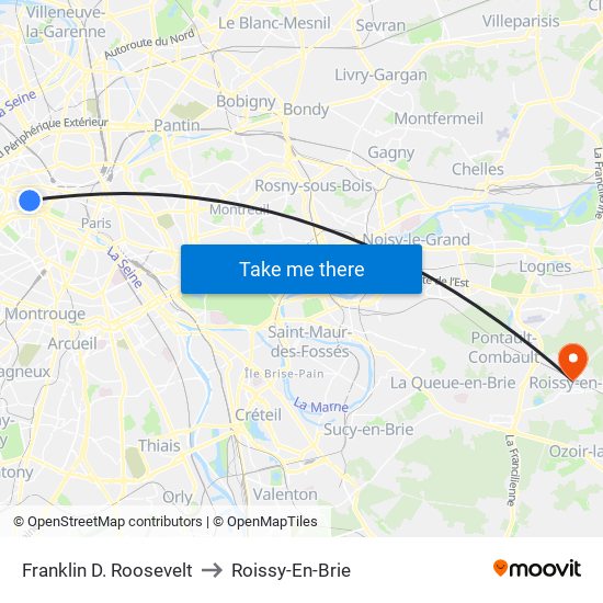 Franklin D. Roosevelt to Roissy-En-Brie map