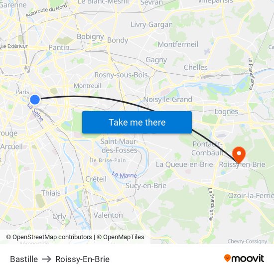 Bastille to Roissy-En-Brie map