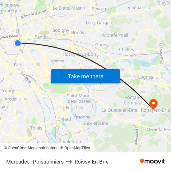 Marcadet - Poissonniers to Roissy-En-Brie map