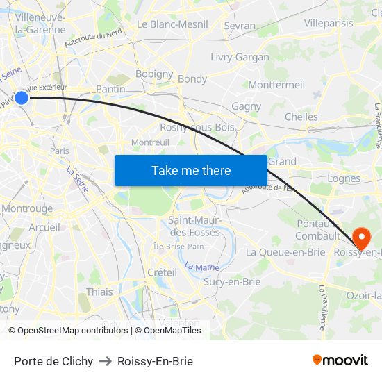 Porte de Clichy to Roissy-En-Brie map