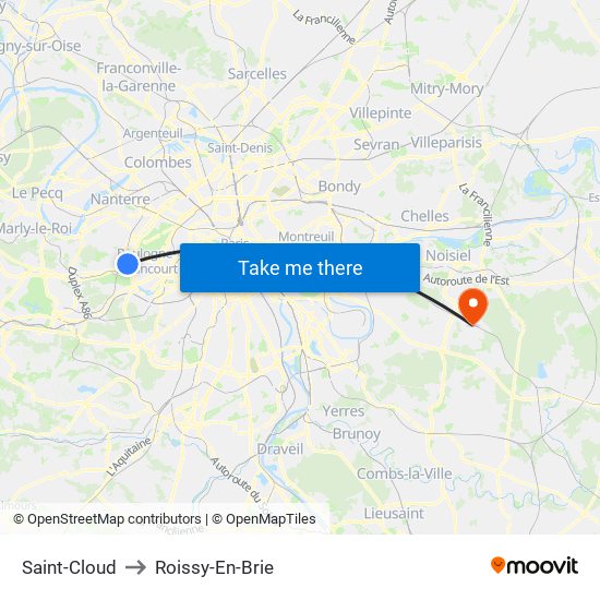 Saint-Cloud to Roissy-En-Brie map