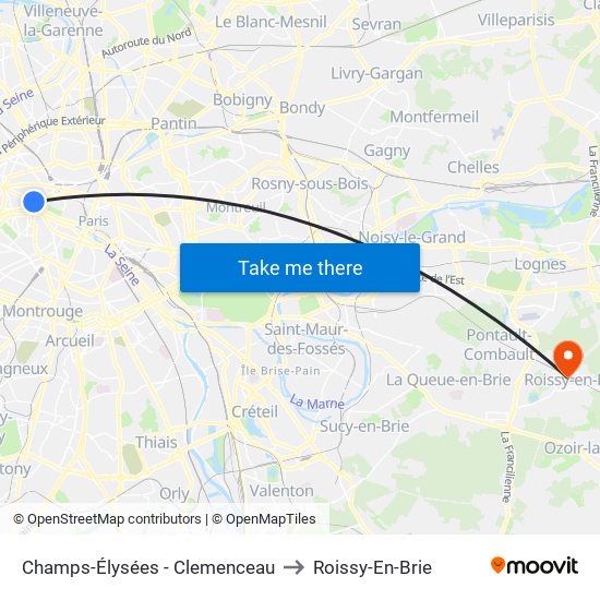 Champs-Élysées - Clemenceau to Roissy-En-Brie map
