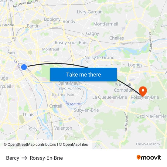 Bercy to Roissy-En-Brie map