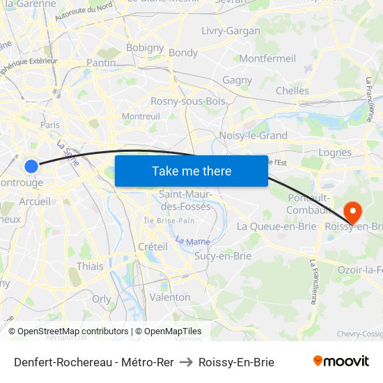 Denfert-Rochereau - Métro-Rer to Roissy-En-Brie map